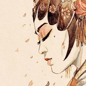 Pode incluir: Uma mulher com um traje tradicional de ópera chinesa com um adorno de cabeça adornado com flores e penas, toca um instrumento de corda. Pétalos de flores cor-de-rosa caem ao seu redor.