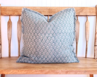 FIELDHOUSE ORIGINAL Hand Block Printed Floral Linen Pillow Cover, Coastal Blue