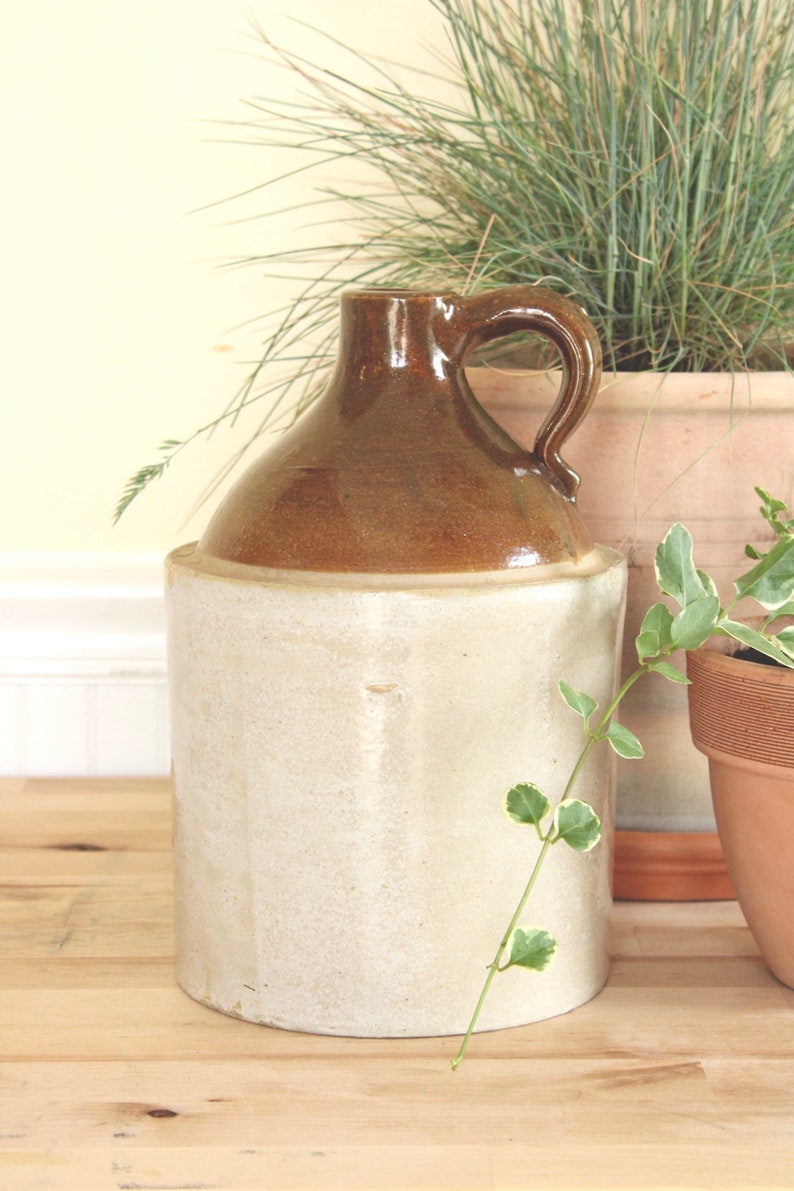 19th Century Glazed Antique Stoneware Jug Brown Vintage Crock Floral Arrangement Farmhouse Vase Flower Vessel Farmhouse Country Chic Decor image 3