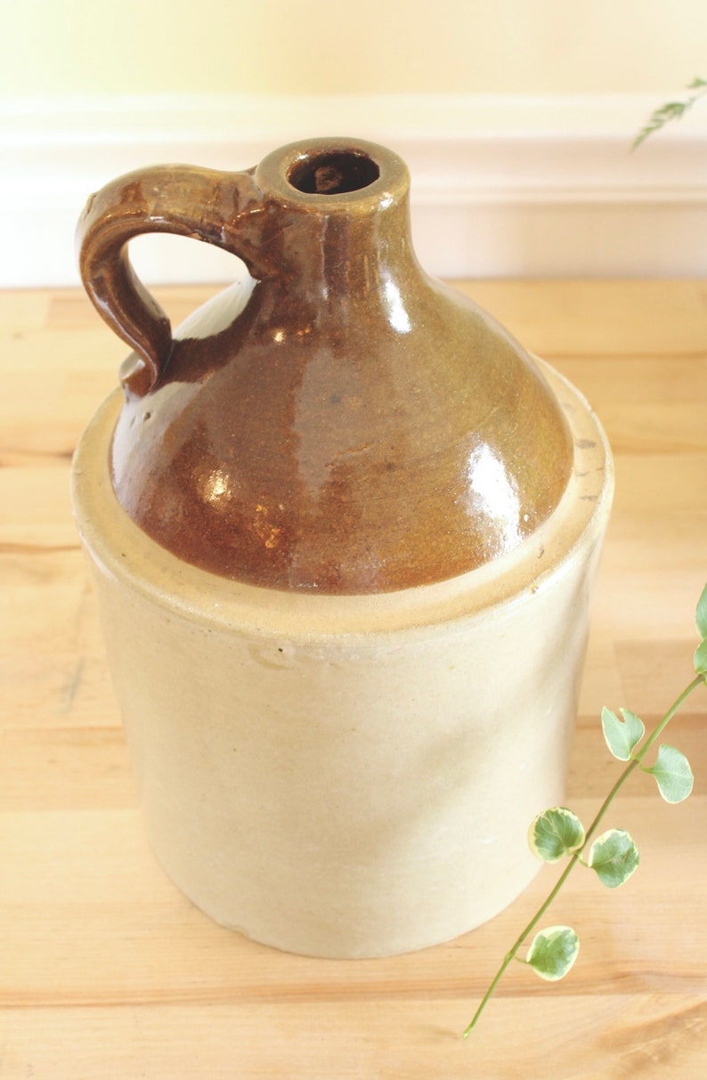 19th Century Glazed Antique Stoneware Jug Brown Vintage Crock Floral Arrangement Farmhouse Vase Flower Vessel Farmhouse Country Chic Decor image 5