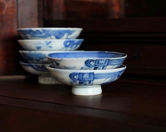 ANTIQUE Set of 6 Chinese Export Mini Bowls | Possible Kangxi Period Blue White | Workshop Marks | Collector Set | Garden Party Hosting