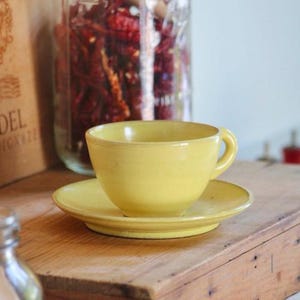 VINTAGE Rowantree Pottery Yellow Cup & Saucer | Hand Thrown Signed Earthenware Tea Cup | New England Art Pottery MCM