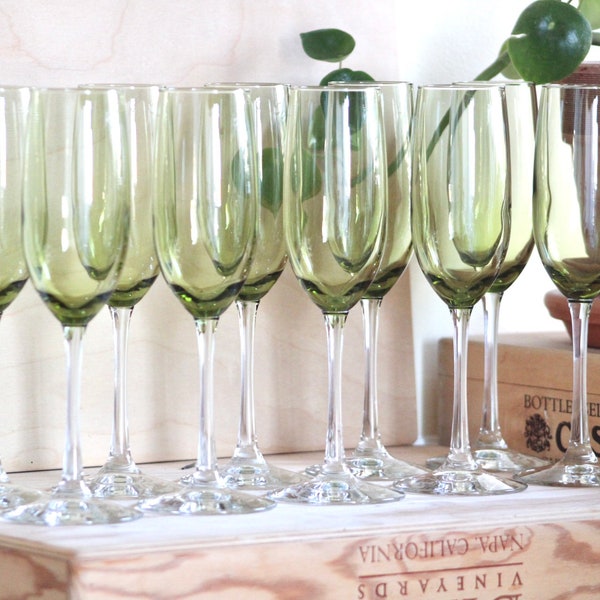 Vintage Glass Vintage Green Glasses Vintage Colored Glassware Vintage Champagne Flute Barware Mid Century Modern MCM Decor Wedding Glasses