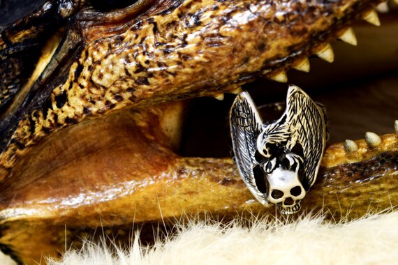 Vintage Eagle Carrying a Skull Tattoo Biker Ring