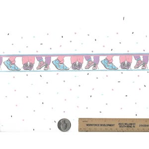 May include: A white background with a repeating pattern of pink and blue sneakers with white laces. The sneakers are walking in a line. There are small pink, blue, and black confetti scattered on the background.