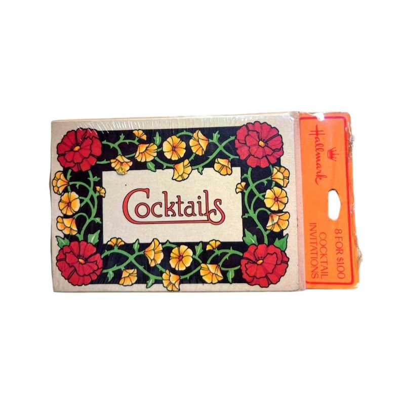 May include: A vintage Hallmark box of cocktail invitations. The front of the box features the word "Cocktails" in a decorative font, surrounded by red and yellow flowers on a black background. An orange label is attached.