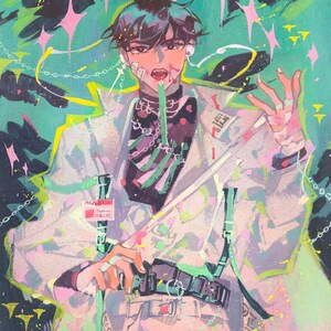 May include: An illustration of a person with dark hair and a white coat, with a green and pink colour scheme. The person has a bandage on their face and is wearing a black top with a skeleton design. The background is a mix of green and pink.