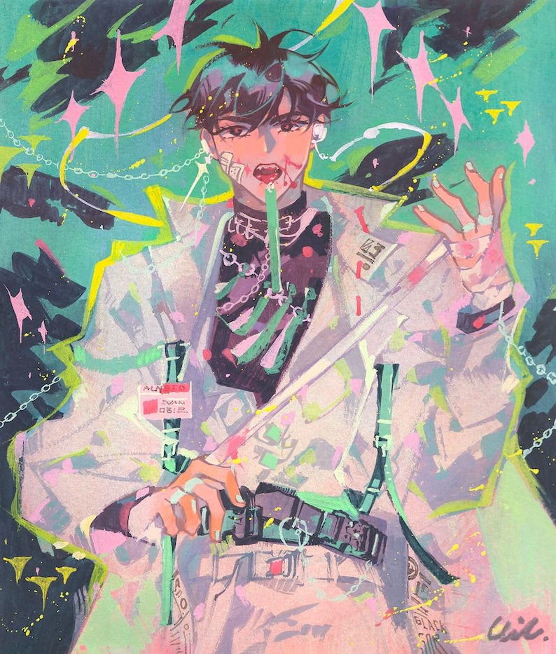 May include: An illustration of a person with dark hair and a white coat, with a green and pink colour scheme. The person has a bandage on their face and is wearing a black top with a skeleton design. The background is a mix of green and pink.