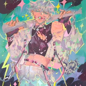 May include: Illustration of a person with silver hair, wearing a black top and a jacket with pink and green accents. The person is holding a bat and has a lollipop in their mouth. The background is teal with pink and yellow star shapes.
