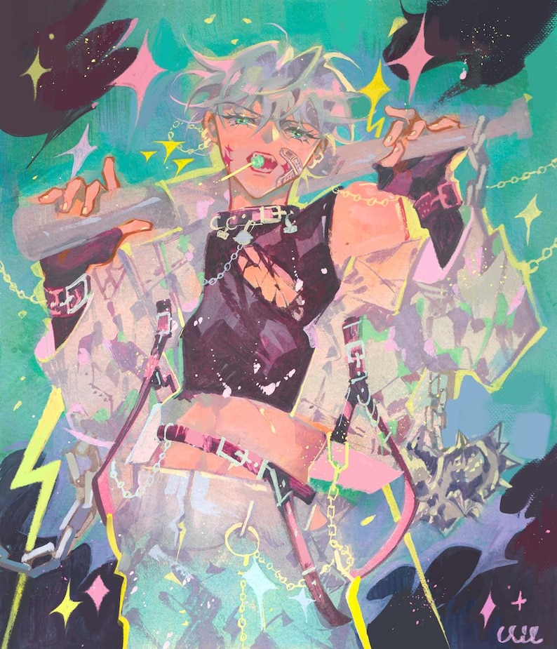 May include: Illustration of a person with silver hair, wearing a black top and a jacket with pink and green accents. The person is holding a bat and has a lollipop in their mouth. The background is teal with pink and yellow star shapes.