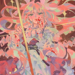 May include: An illustration of a person with long pink hair and green eyes, with blood on their face and hands. The artwork features a palette of pinks, reds, and purples, with a golden-yellow line and star-shaped accents. The style is reminiscent of anime.