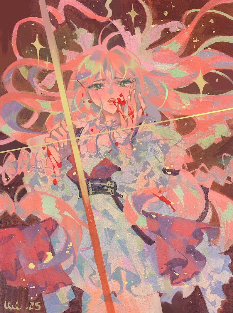 May include: An illustration of a person with long pink hair and green eyes, with blood on their face and hands. The artwork features a palette of pinks, reds, and purples, with a golden-yellow line and star-shaped accents. The style is reminiscent of anime.