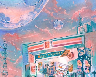 Artprint "Dos lunas" 15x21 21x30 ilustración acuarela gouache por Kiloom