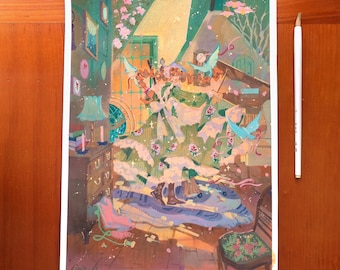Original "Rooftop Princess" | Kiloom Original Gouache painting