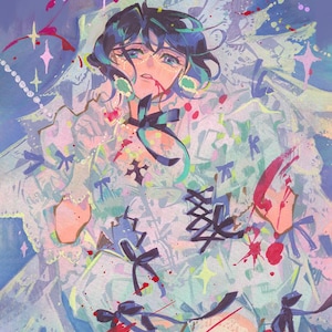 May include: An artistic illustration of a person with blue hair and teal eyes, wearing a white dress with black bows and a lace collar. Red paint splatters add a dramatic effect. The background is a soft blue with star-shaped accents.