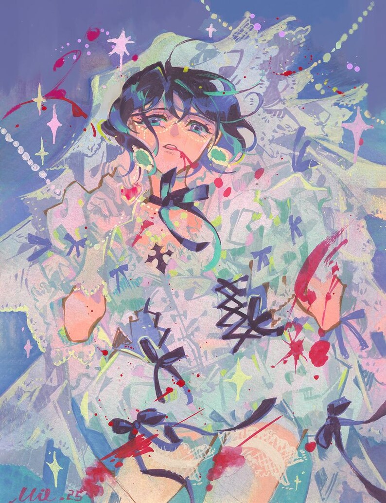 May include: An artistic illustration of a person with blue hair and teal eyes, wearing a white dress with black bows and a lace collar. Red paint splatters add a dramatic effect. The background is a soft blue with star-shaped accents.