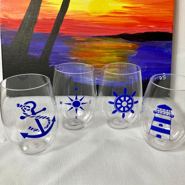 Personalized Nautical unbreakable stemless wine glasses-personalized boat name, nautical theme, set of 4, shatterproof, gift set, 16 oz