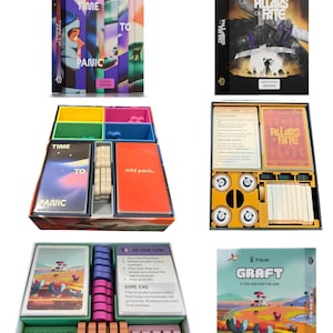 Puede incluir: Una colección de juegos de mesa, incluyendo "Time to Panic" y "Pillars of Fate". Los juegos presentan cajas coloridas con diseños gráficos y texto. Las cajas abiertas revelan componentes del juego como cartas y fichas. El juego "Graft" también es visible.