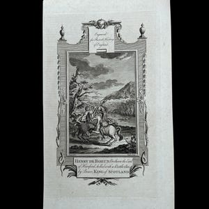May include: An antique black and white engraving titled "HENRY DE BOHUN's Brother to the Earl of Hereford killed with a Battle axe by Bruce KING of SCOTLAND." The image is framed with decorative elements and text at the top: "Engraved for Rurists History of England."