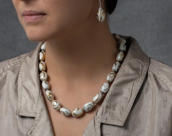 Unique handmade Limoges porcelain bead necklace with earrings. Beads hand painted with Gold and Platinum. Valuable jewelry gift for her.