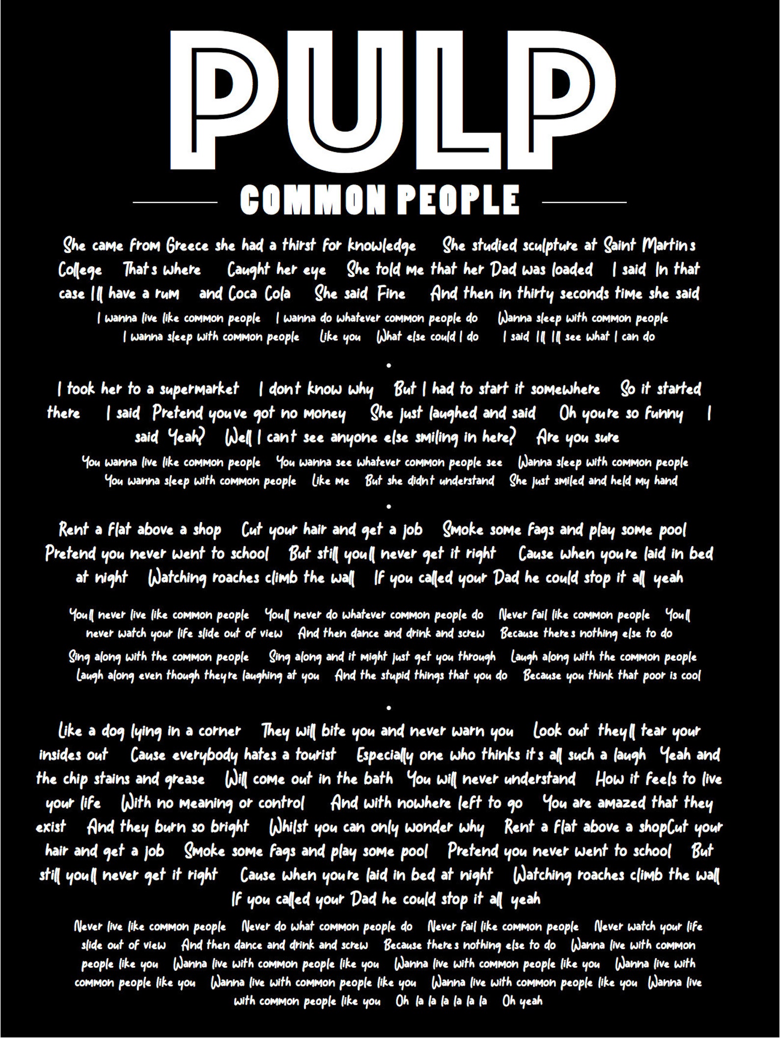 Pulp Poster / Common People Poster / Common People Lyrics / Etsy
