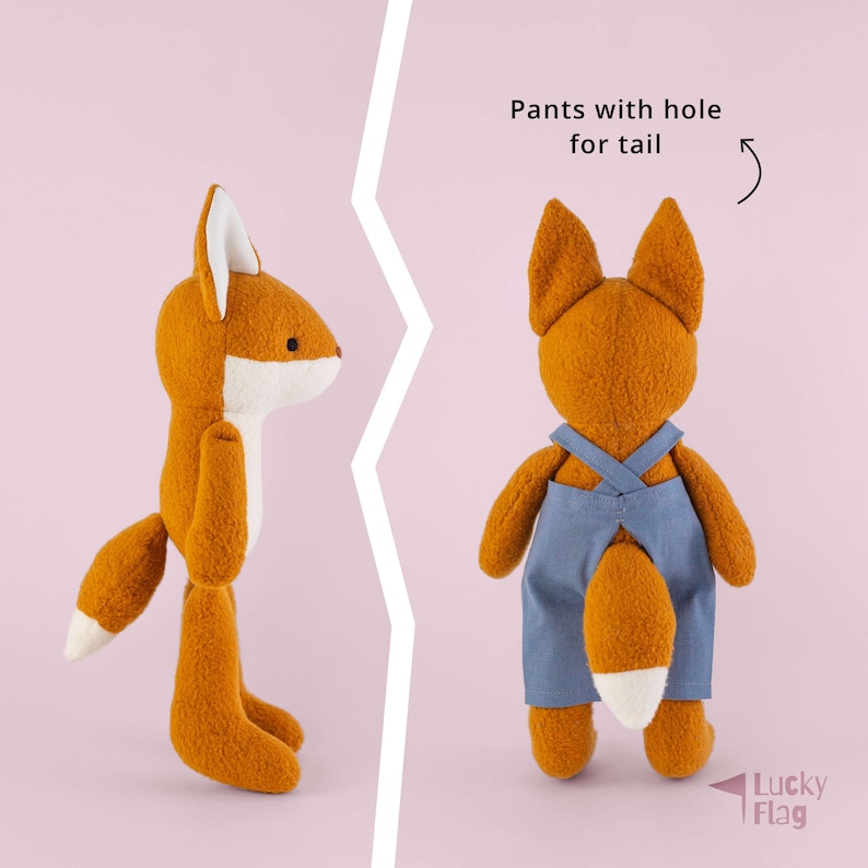 May include: A plush fox toy shown from the side and back. The fox has orange fur, a white chest, and a white-tipped tail. The back view shows the fox wearing blue overalls with a hole for the tail. Text reads: Pants with hole for tail and Lucky Flag.