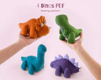 4 Dinosaur Plush Sewing Patterns PDF – DIY Easy Dino Stuffed Animals Bundle – Soft Toy Set – Baby Gifts – Nursery Decor – Beginner Friendly