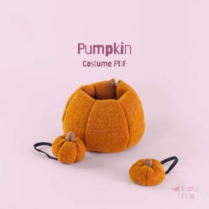 Könnte beinhalten: Ein Kürbis-Kostüm PDF-Schnittmuster-Set mit einem großen orangefarbenen Filzkürbis-Körper und zwei kleineren Kürbis-Accessoires mit schwarzen Gummibändern. Der Text Pumpkin Costume PDF und Lucky Flag sind im Bild zu sehen.