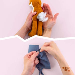 May include: A brown and white plush fox toy being stuffed with white fiberfill, and a blue fabric face mask being folded and adjusted. The image includes the text Lucky Flag in the bottom right corner, indicating a craft or sewing project.