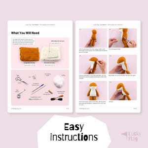 May include: A two-page instructional guide for a fox sewing pattern titled Lucky Flag Fox Pattern. The left page lists materials including orange and white fabric with dimensions in inches, plus sewing tools. The right page shows step-by-step photos.
