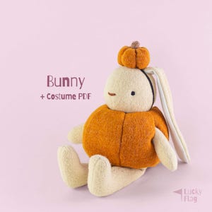 Könnte beinhalten: Ein cremefarbenes Plüschhasen-Spielzeug in einem strukturierten orangefarbenen Kürbiskostüm mit passendem Kürbishut. Der Text "Bunny + Costume PDF" steht links und "Lucky Flag" befindet sich in der unteren rechten Ecke des Bildes.