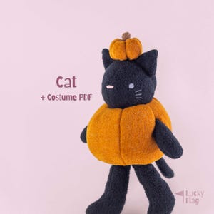 Könnte beinhalten: Ein schwarzes Plüschkatzenspielzeug in einem orangefarbenen Kürbiskostüm mit passendem Kürbishut. Der Text Cat + Costume PDF ist links sichtbar und der Text Lucky Flag befindet sich unten rechts. Die Katze hat gestickte Gesichtszüge.