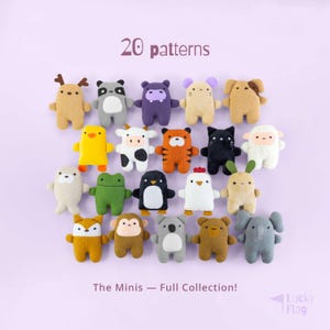 Puede incluir: Una colección de 20 pequeños juguetes de peluche con forma de animales dispuestos en filas. El conjunto incluye varias criaturas como un ciervo, un mapache, un hipopótamo, un ratón, un perro, un pollito, una vaca, un tigre, un gato y un elefante.