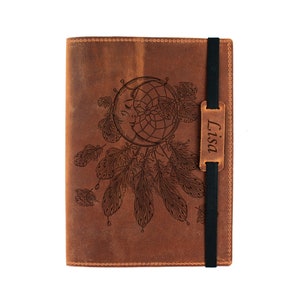 Dream Catcher Leather Journal Book, Personalised Leather Journal, Leather Notebook with Elastic Band, Engraved Leather Diary, Custom Diary