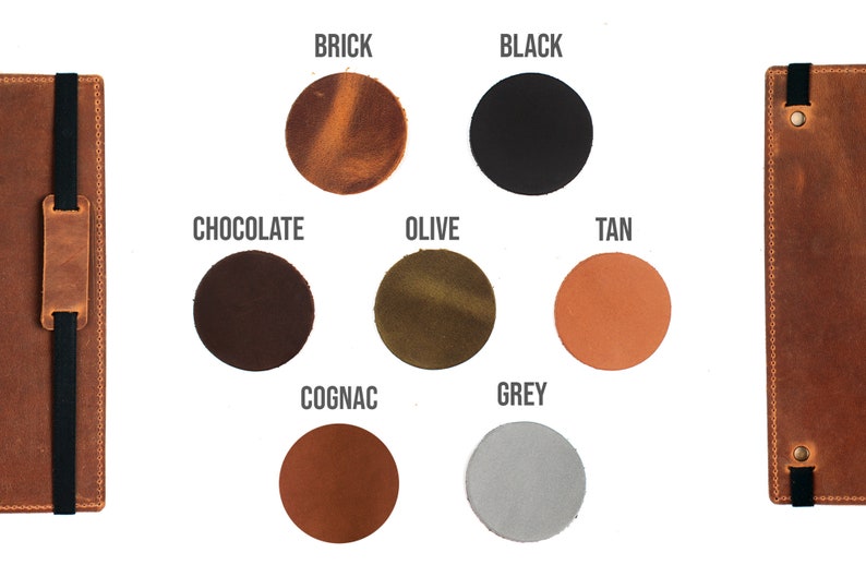 May include: A leather notebook with a black elastic closure and a flap with a leather strap. The notebook is available in 10 colors: Brick, Black, Chocolate, Olive, Tan, Cognac, Grey, Navy, Burgundy, and Natural.