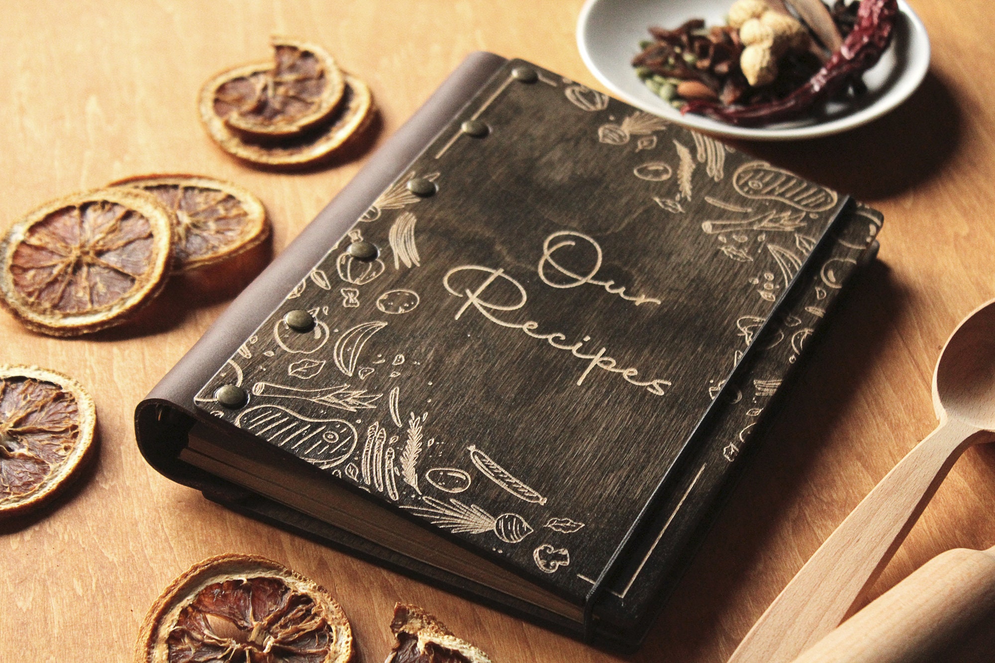 Large Recipe book, Personalized wooden recipe book, Custom cookbook, Home Recipes, Grandmother Gift, Leather Binder Cookbook, Cooking lover