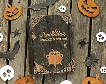 Halloween Gift, Halloween Witch Recipe journal, Gothic recipe book, wooden recipe binder, Spell blank cookbook, Custom Journal Cookbook