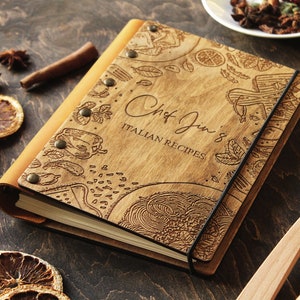 Wooden Recipe Book With Personalized Engraving, Boho Styled Cookbook With Wooden Cover and Blank Recipe Pages, Personalized Family Gift