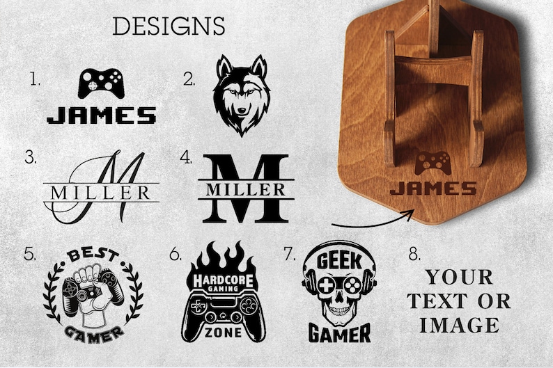 May include: Eight different designs for a personalized wooden controller stand. Designs include a wolf head, a gamer with a controller, a skull with headphones, and the text "BEST GAMER".