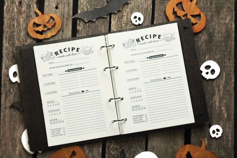 Helloween Witch Custom Recipe Book, Skeleton wooden recipe book, Custom recipes journal, Gothic Bakery book, Custom Journal Cookbook, image 4