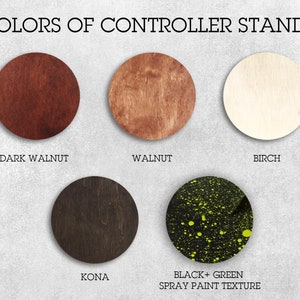 May include: Five wood samples showing different colors and textures. The colors are dark walnut, walnut, birch, kona, and black with green spray paint texture.