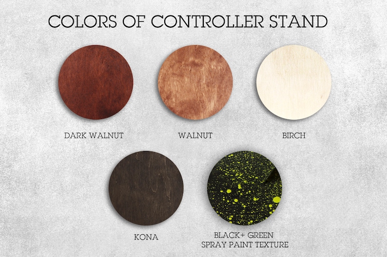 May include: Five wood samples showing different colors and textures. The colors are dark walnut, walnut, birch, kona, and black with green spray paint texture.