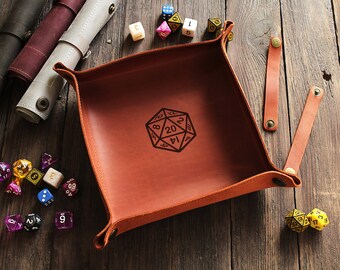 Leather DnD Dice Tray: Scroll Design, Dice Rolling & Storage