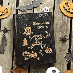 Helloween Witch Custom Recipe Book, Skeleton wooden recipe book, Custom recipes journal, Gothic Bakery book, Custom Journal Cookbook, image 1