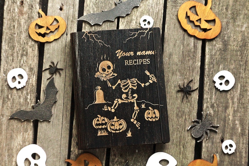 Helloween Witch Custom Recipe Book, Skeleton wooden recipe book, Custom recipes journal, Gothic Bakery book, Custom Journal Cookbook, image 1