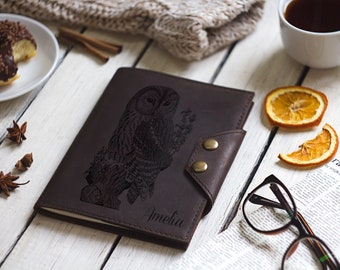 Owl leather journal, Custom Notebook Cover, Handcrafted Owl Notebook, Gift for her, Leather Engraved Sketchbook, Leather Journal Case