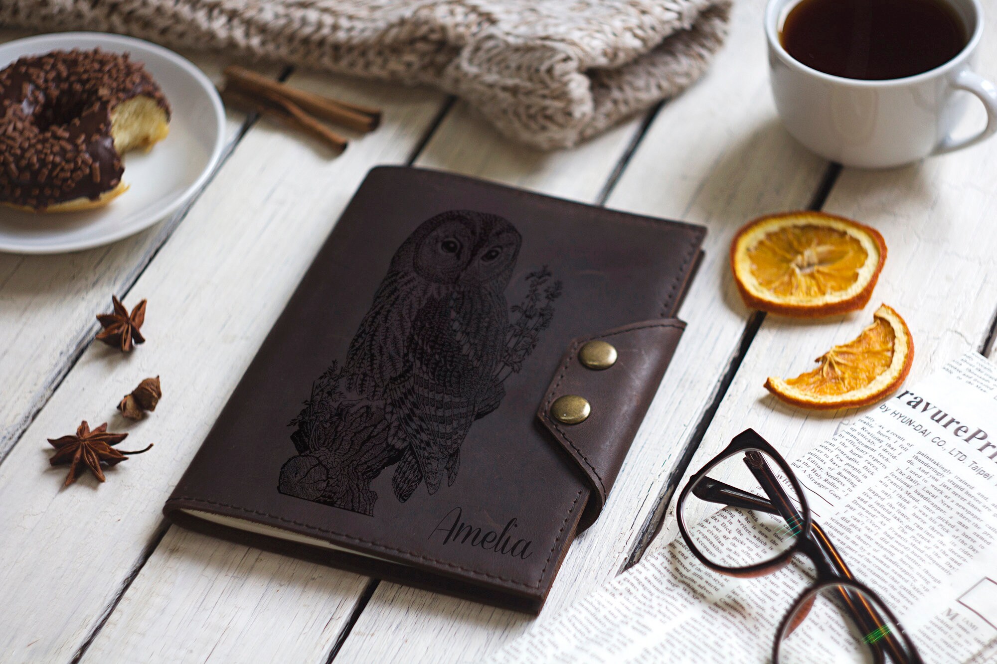 Owl leather journal, Custom Notebook Cover, Handcrafted Owl Notebook, Gift for her, Leather Engraved