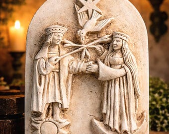 Escultura mural de alquimia – Relieve Rosarium Philosophorum – Decoración alquímica hermética medieval