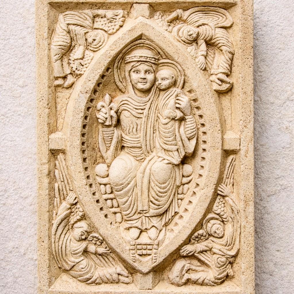 聖母マリアの尊厳 – 石の彫刻と複製による浅浮彫（26×17 cm） – 宗教