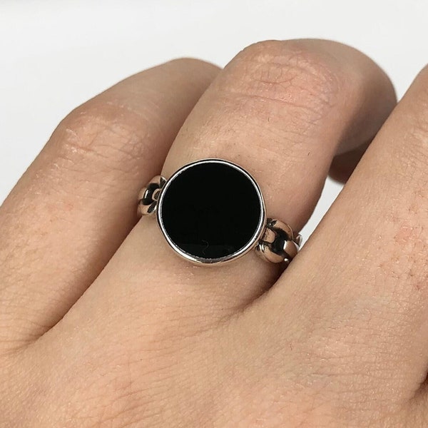 Black Signet Ring, Silver Ring, Statement Rings, Women Rings, Rings for Men, Black Onyx Ring, Adjustable Rings, Silver Chain Ring